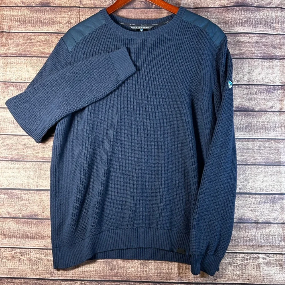 Kuhl Evader Sweater Mens Size L Navy Blue Merino Wool Crewneck Pullover **Hole